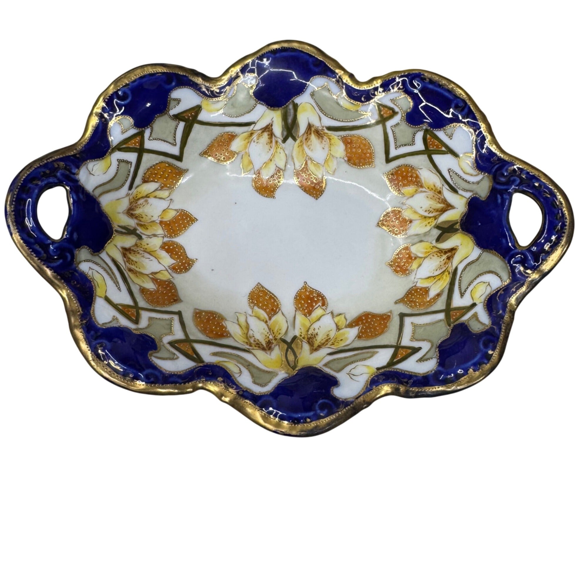 Vintage Imperial Nippon Porcelain Bowl Handles Cobalt Blue Gold Floral Gilt 10.5