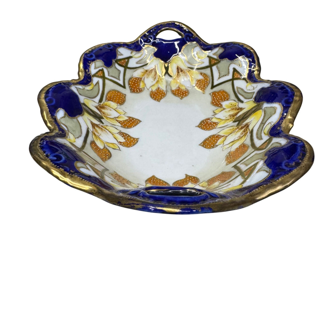 Vintage Imperial Nippon Porcelain Bowl Handles Cobalt Blue Gold Floral Gilt 10.5