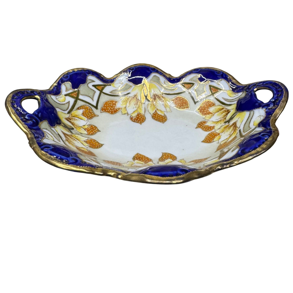 Vintage Imperial Nippon Porcelain Bowl Handles Cobalt Blue Gold Floral Gilt 10.5