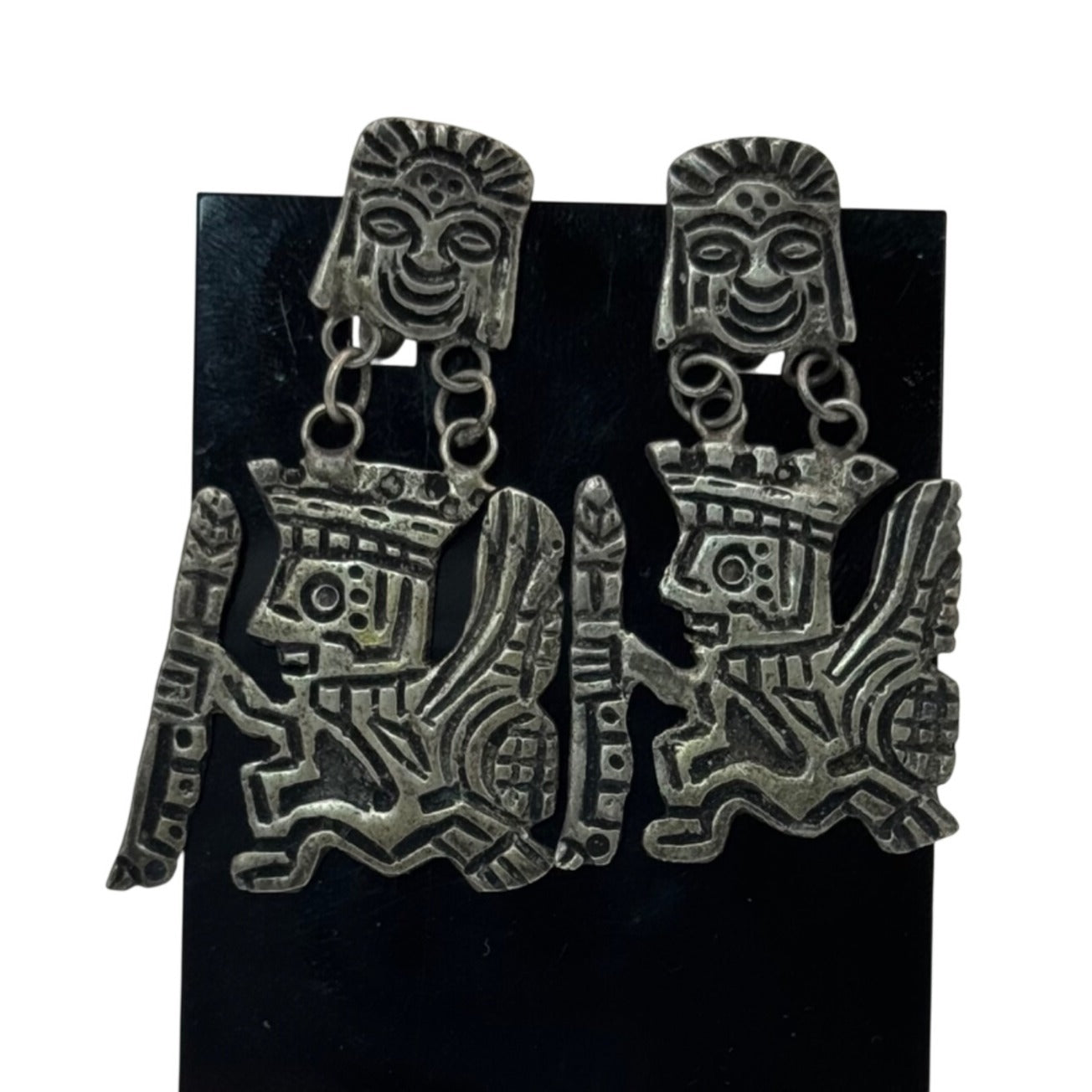 Peruvian Tribal Warrior Dangle Earrings 925 2" Sterling Silver Aztec Statement