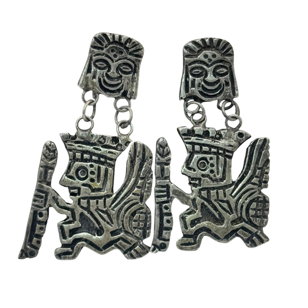 Peruvian Tribal Warrior Dangle Earrings 925 2" Sterling Silver Aztec Statement