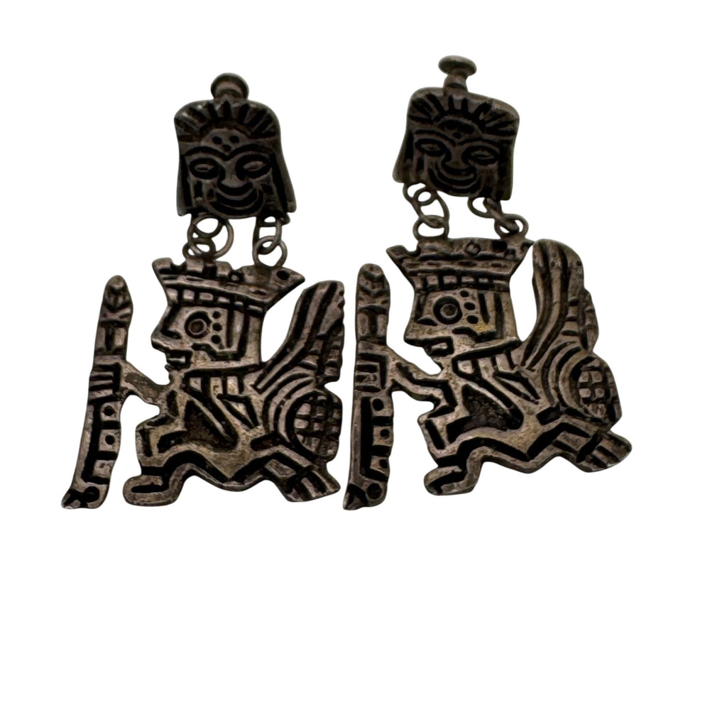 Peruvian Tribal Warrior Dangle Earrings 925 2" Sterling Silver Aztec Statement