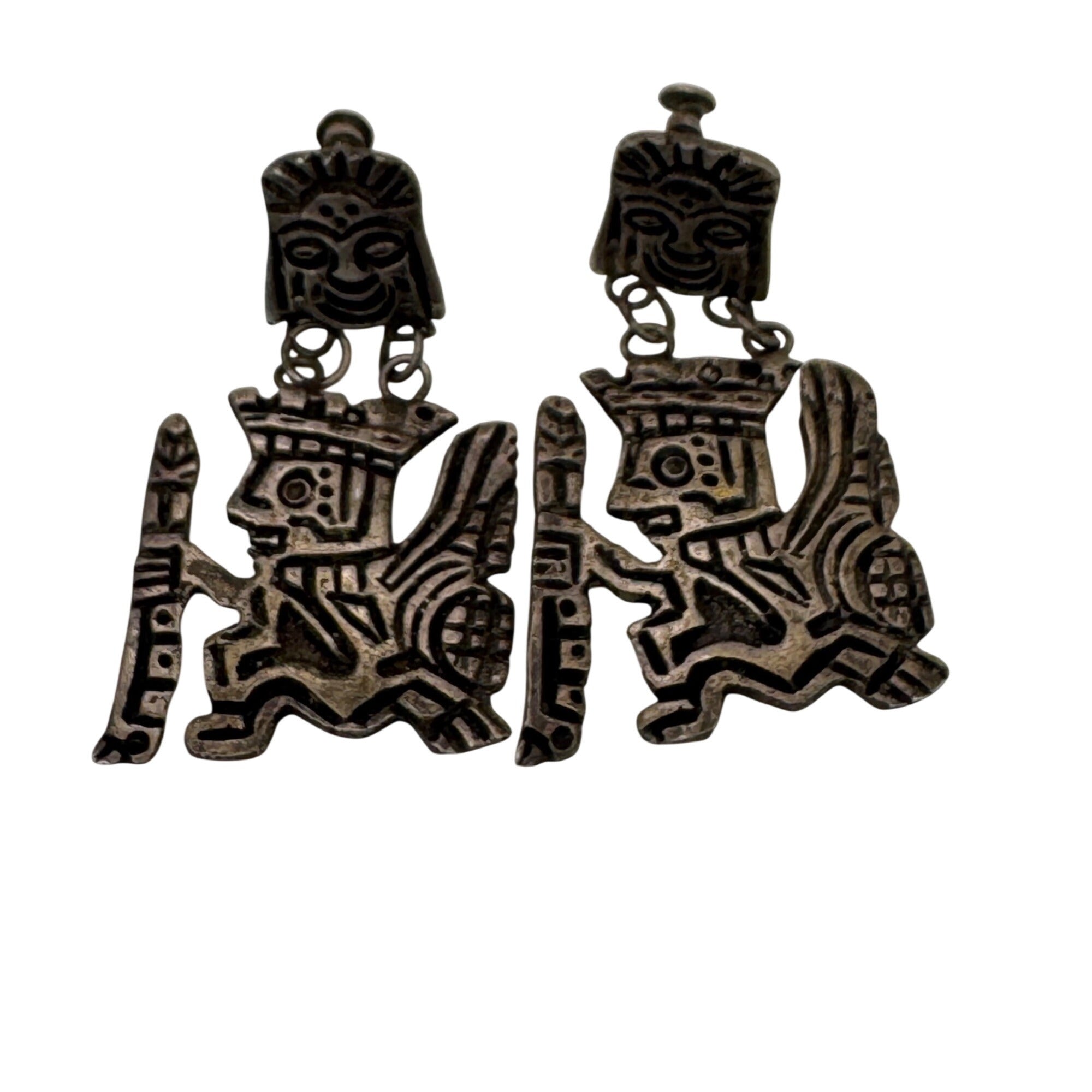 Peruvian Tribal Warrior Dangle Earrings 925 2" Sterling Silver Aztec Statement