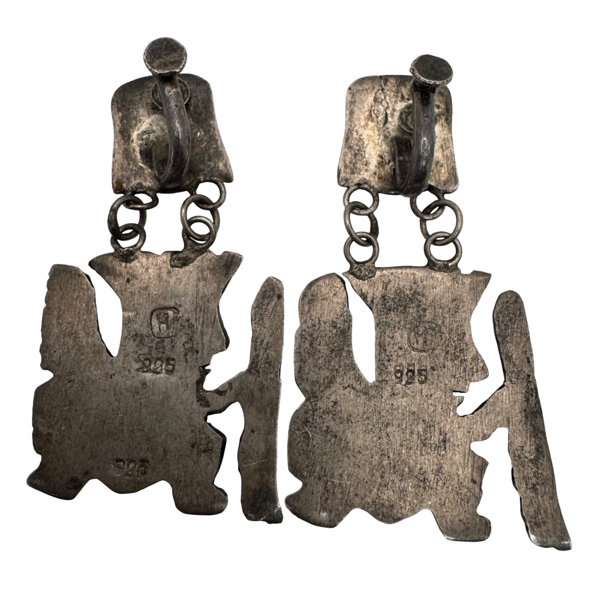 Peruvian Tribal Warrior Dangle Earrings 925 2" Sterling Silver Aztec Statement