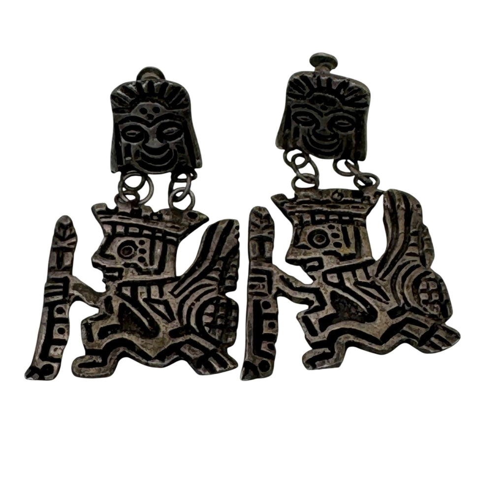 Peruvian Tribal Warrior Dangle Earrings 925 2" Sterling Silver Aztec Statement