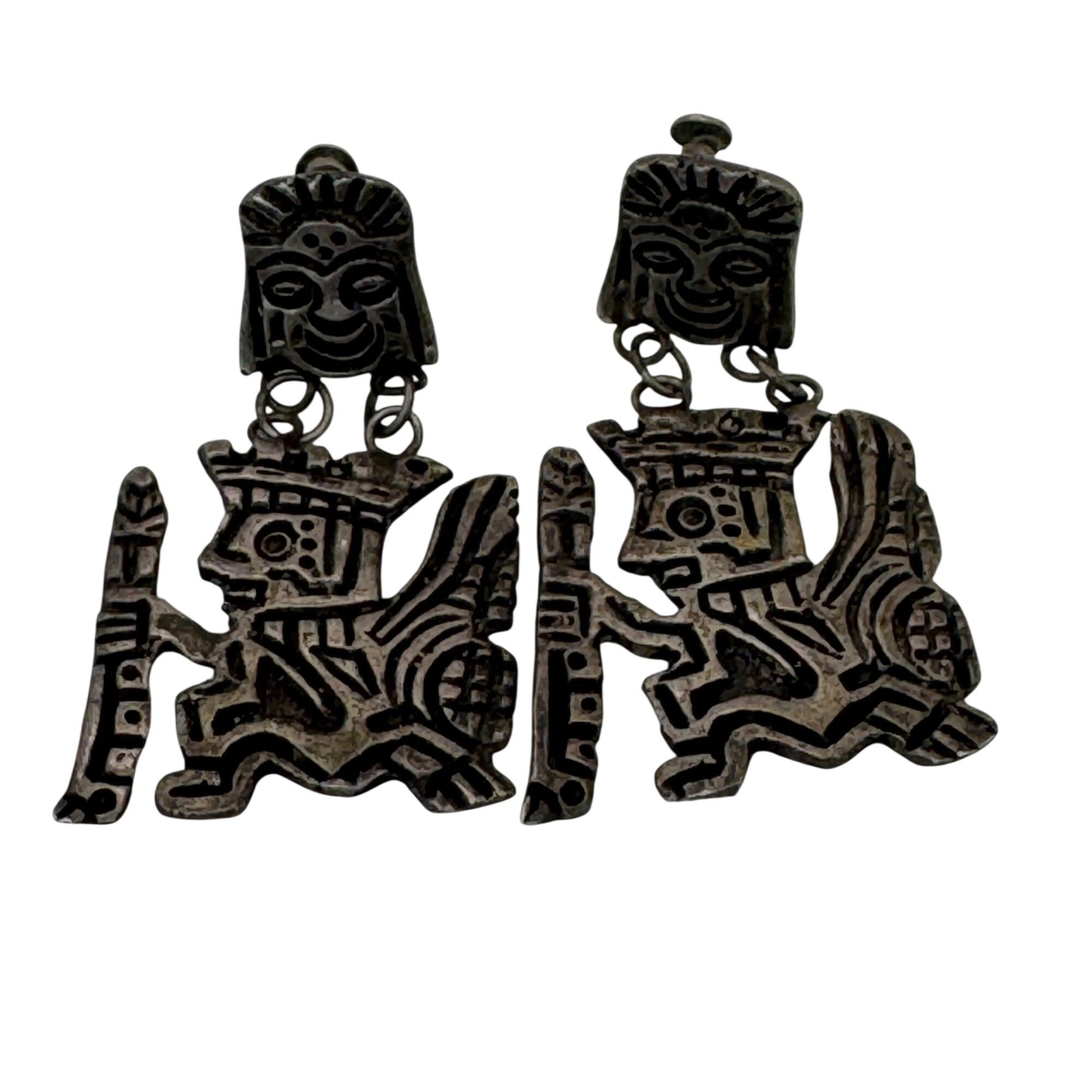 Peruvian Tribal Warrior Dangle Earrings 925 2" Sterling Silver Aztec Statement