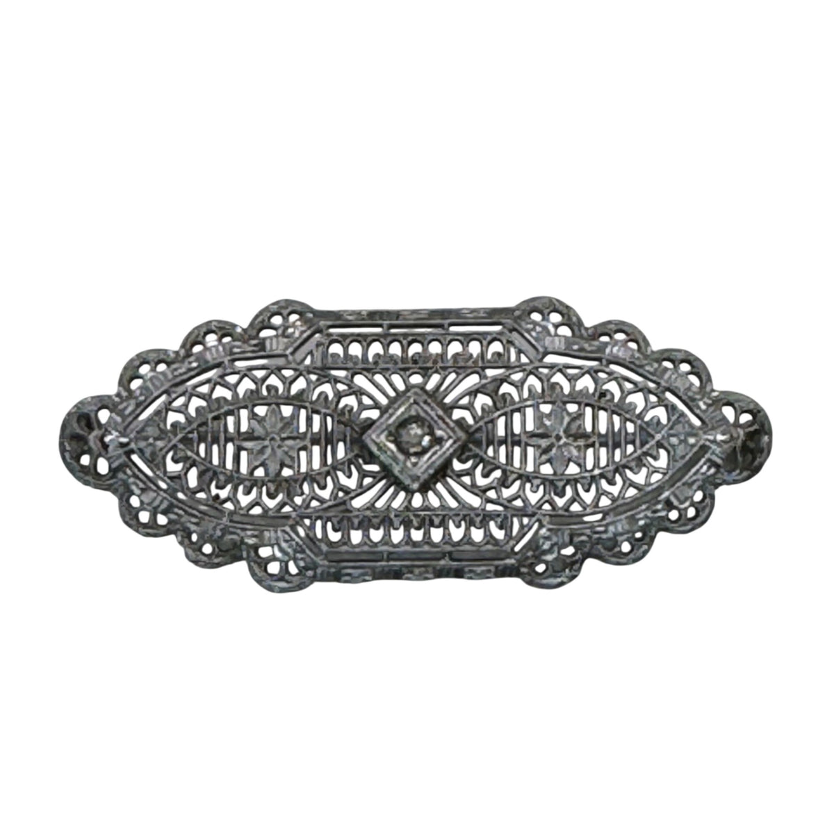 Vintage 14k White Gold Art Deco Filigree Bar Brooch Detailed Clear 2" Antique