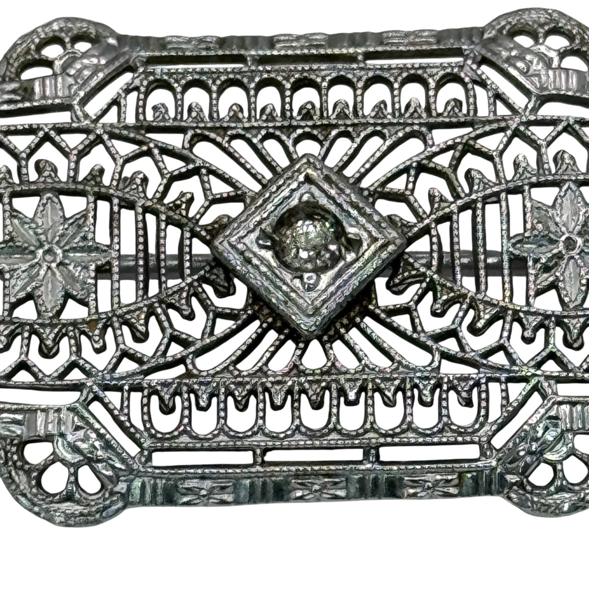 Vintage 14k White Gold Art Deco Filigree Bar Brooch Detailed Clear 2" Antique