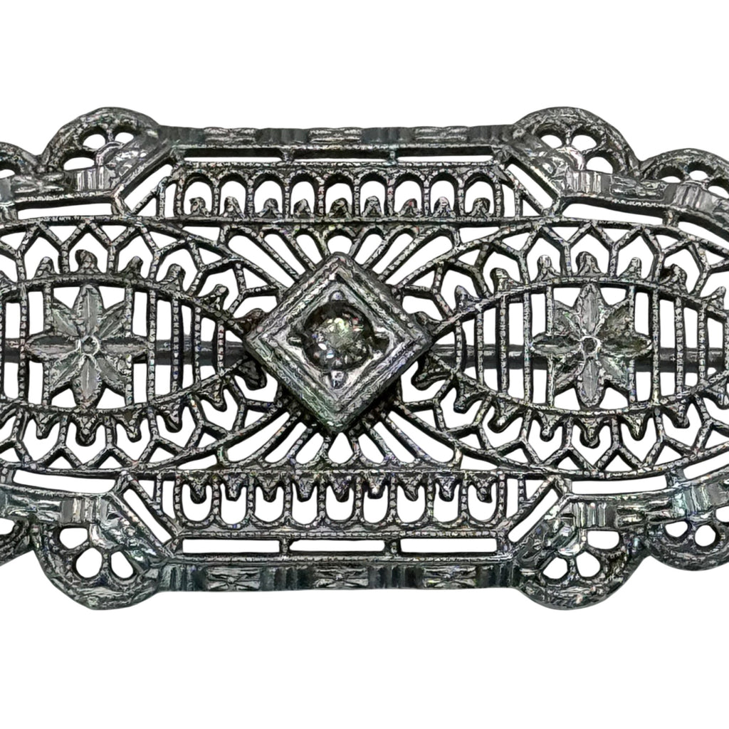Vintage 14k White Gold Art Deco Filigree Bar Brooch Detailed Clear 2" Antique
