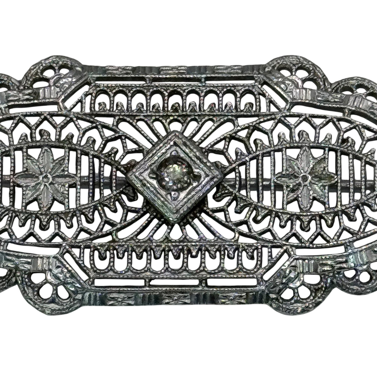 Vintage 14k White Gold Art Deco Filigree Bar Brooch Detailed Clear 2" Antique