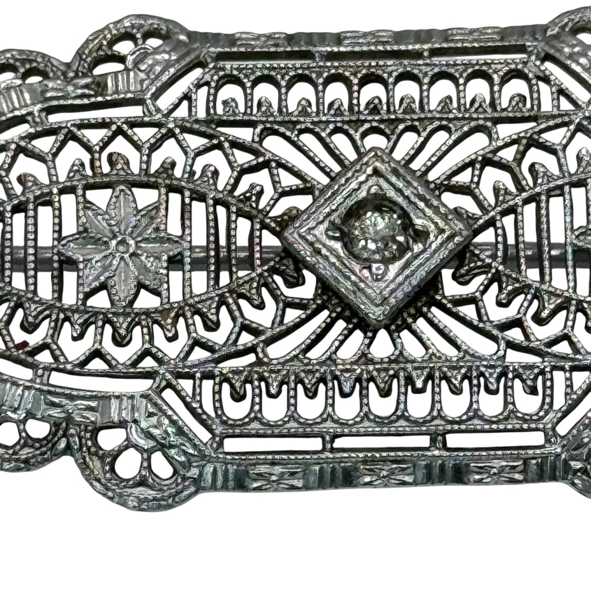 Vintage 14k White Gold Art Deco Filigree Bar Brooch Detailed Clear 2" Antique