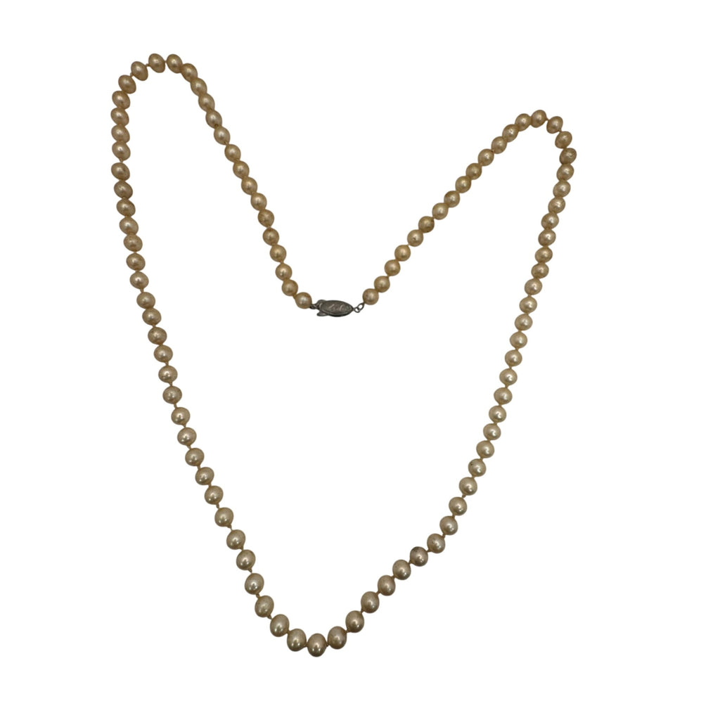 30" Long Double Knotted Silver Clasp Vintage Classic Gold Pearl Beaded Necklace