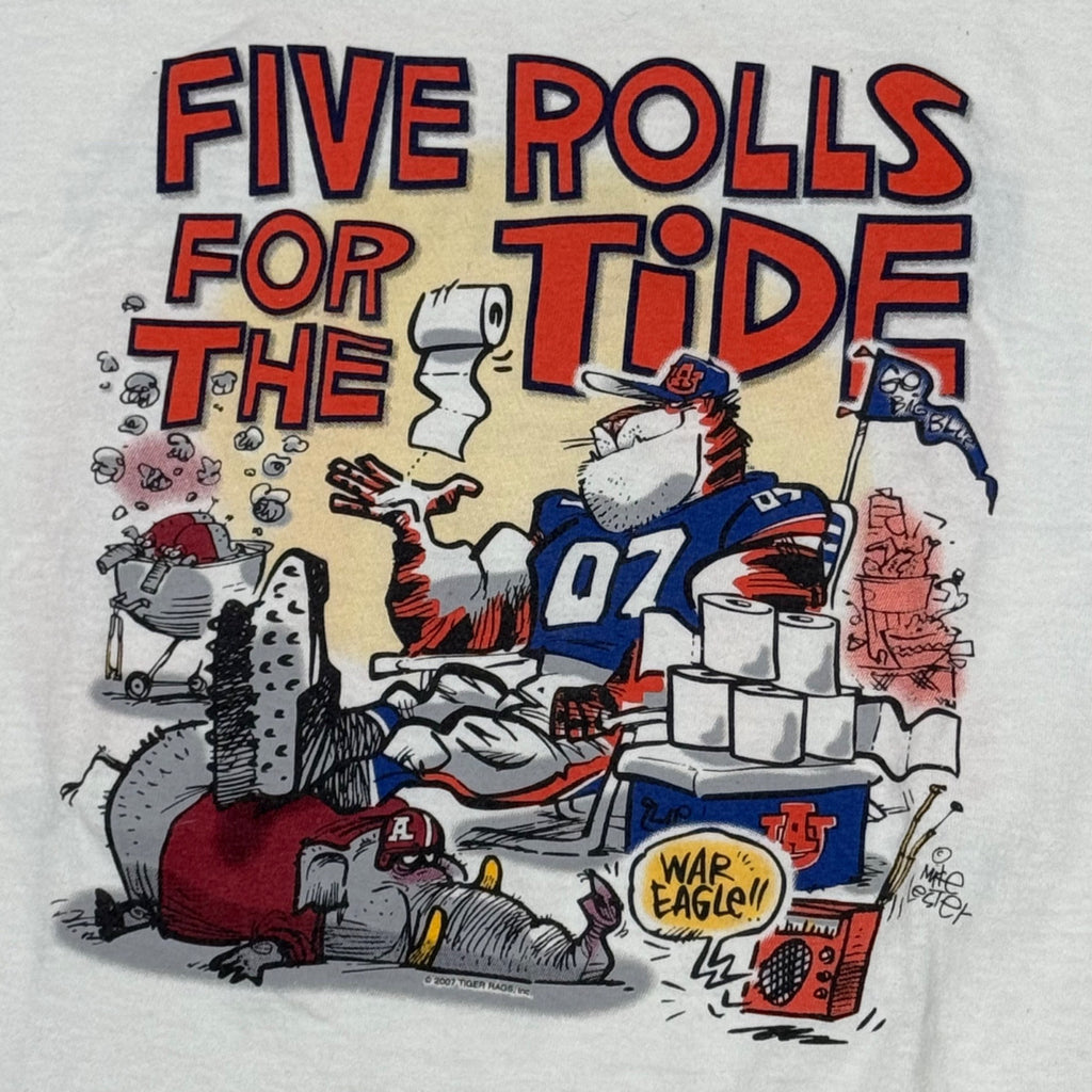 2007 Auburn Vs Alabama Tiger Rag T-shirt Mens Size XL Five Rolls For The Tide