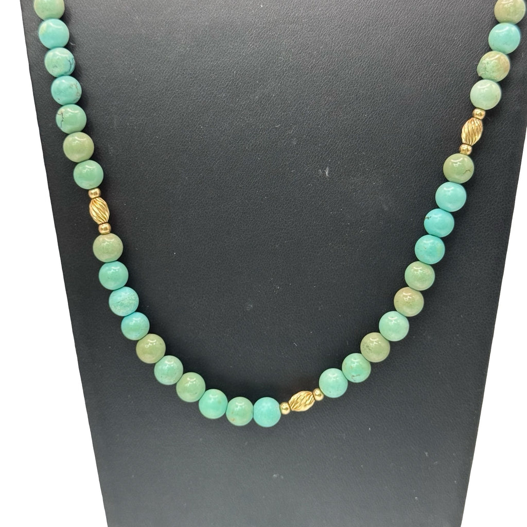 Amazonite Beaded Necklace Turquoise Color Beaded 14k Gold Accents & Clasp 30"