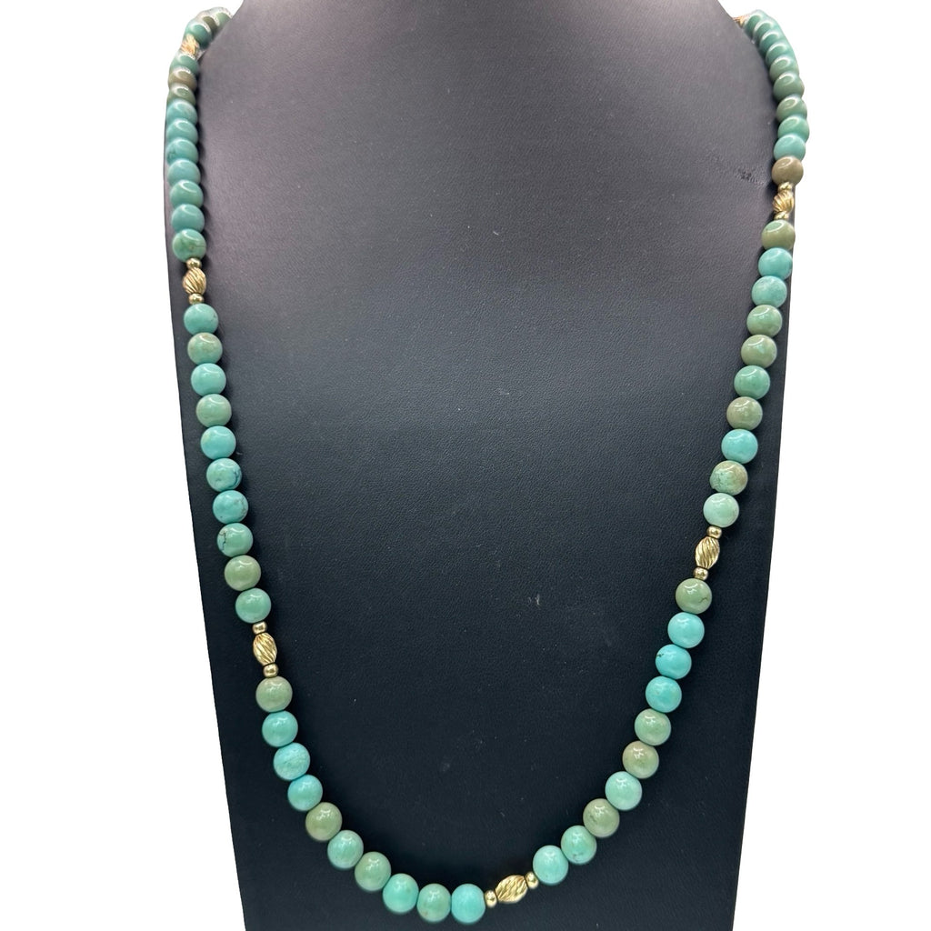 Amazonite Beaded Necklace Turquoise Color Beaded 14k Gold Accents & Clasp 30"