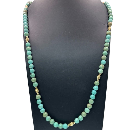 Amazonite Beaded Necklace Turquoise Color Beaded 14k Gold Accents & Clasp 30"
