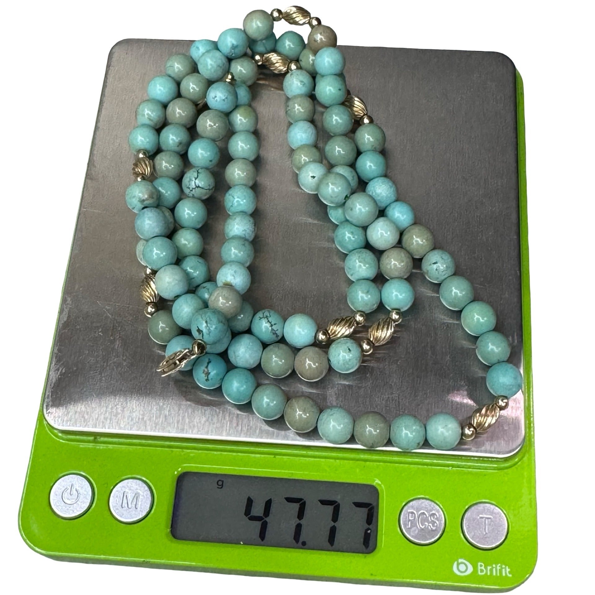 Amazonite Beaded Necklace Turquoise Color Beaded 14k Gold Accents & Clasp 30"