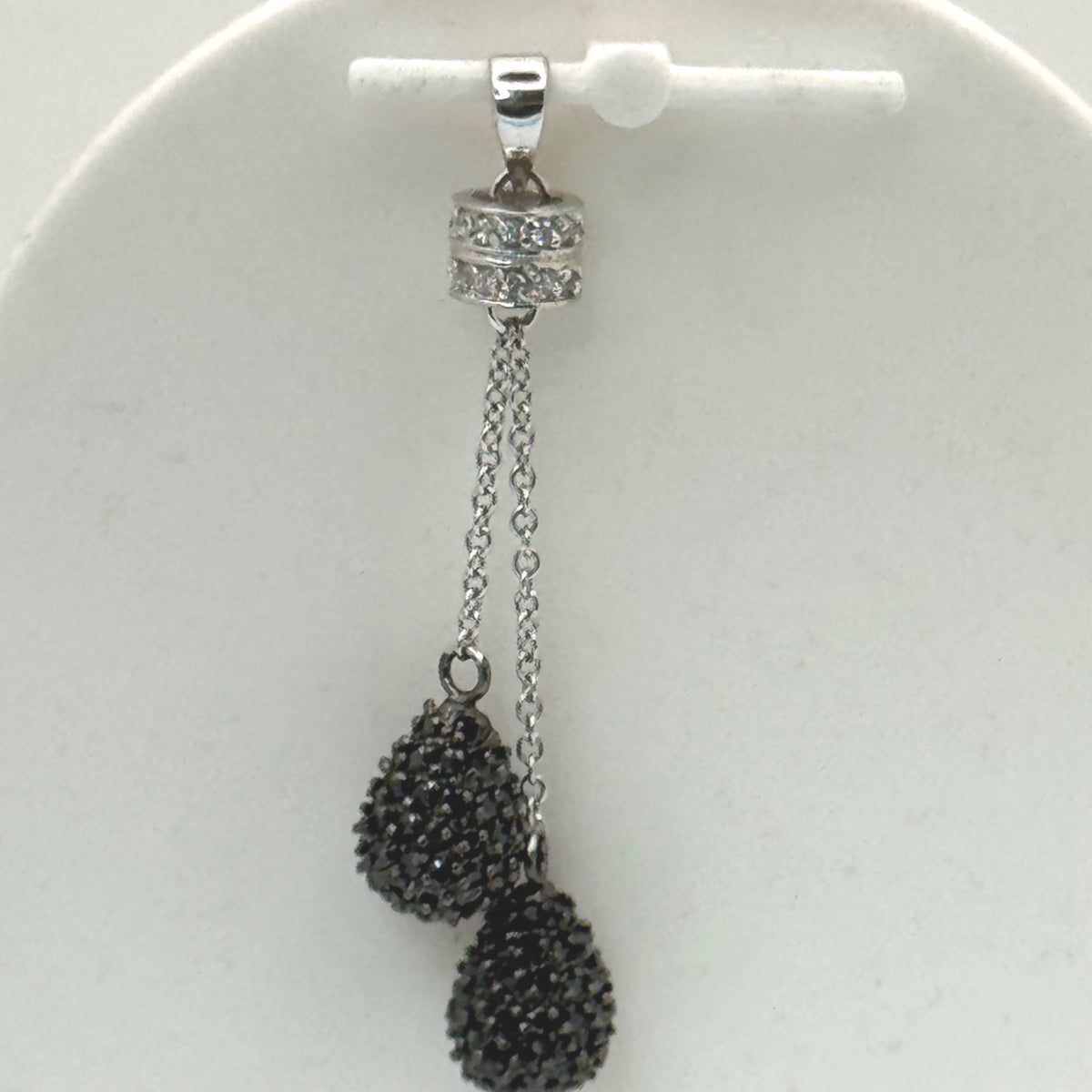 FAS Cluster Dangle Drop Sterling Silver Pendant Marcasite Rhinestones Black Bead