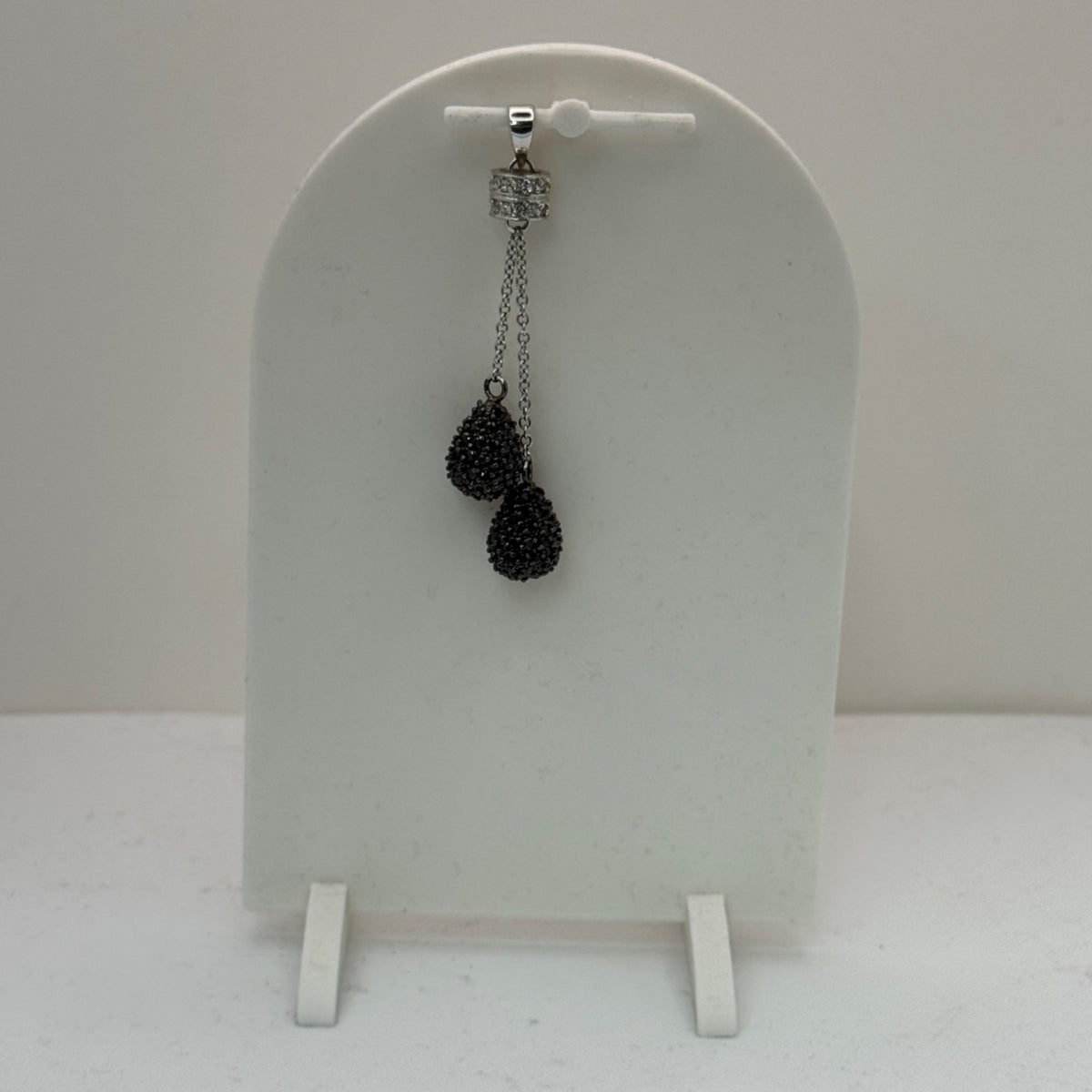 FAS Cluster Dangle Drop Sterling Silver Pendant Marcasite Rhinestones Black Bead