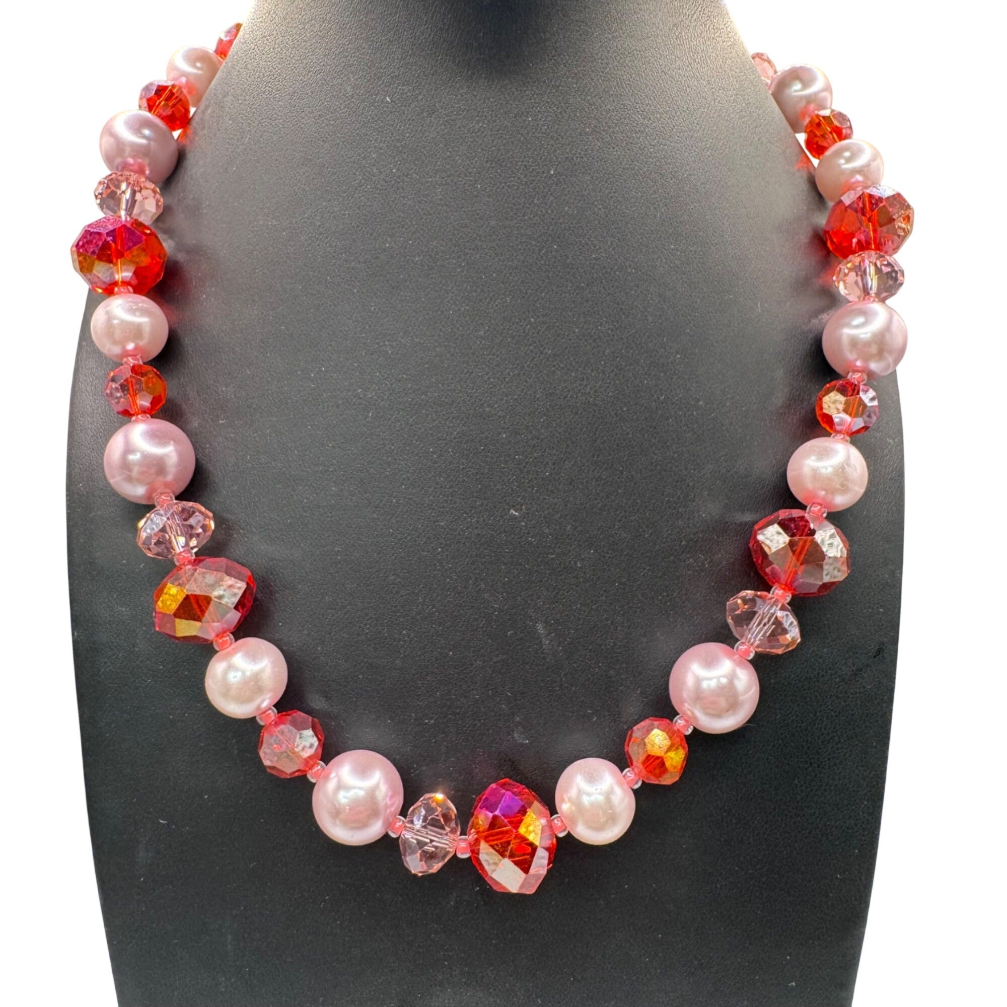 Vintage Pink Faux Pearl & Red AB Beaded Necklace Sterling Silver Clasp 20" Bling