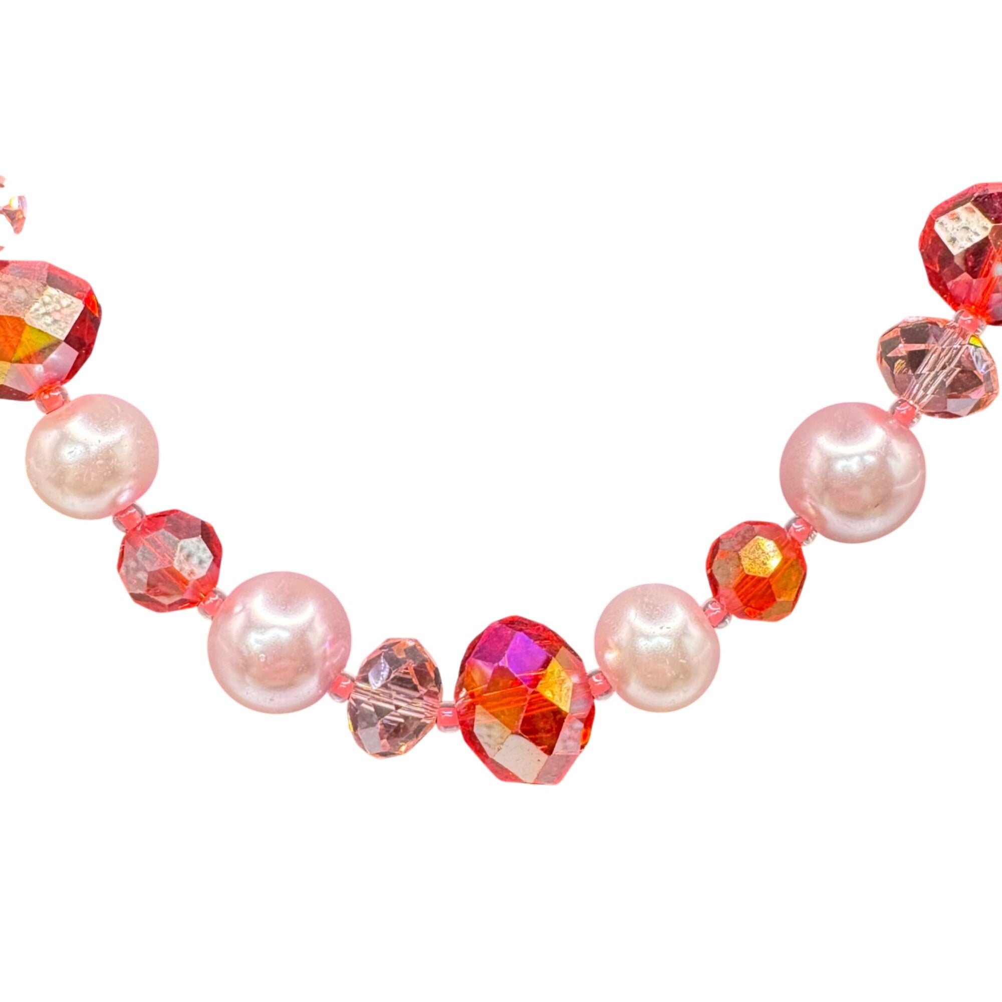 Vintage Pink Faux Pearl & Red AB Beaded Necklace Sterling Silver Clasp 20" Bling