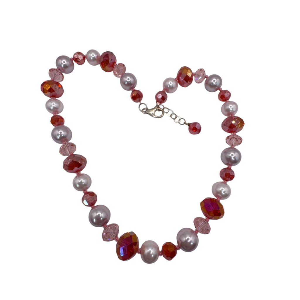 Vintage Pink Faux Pearl & Red AB Beaded Necklace Sterling Silver Clasp 20" Bling