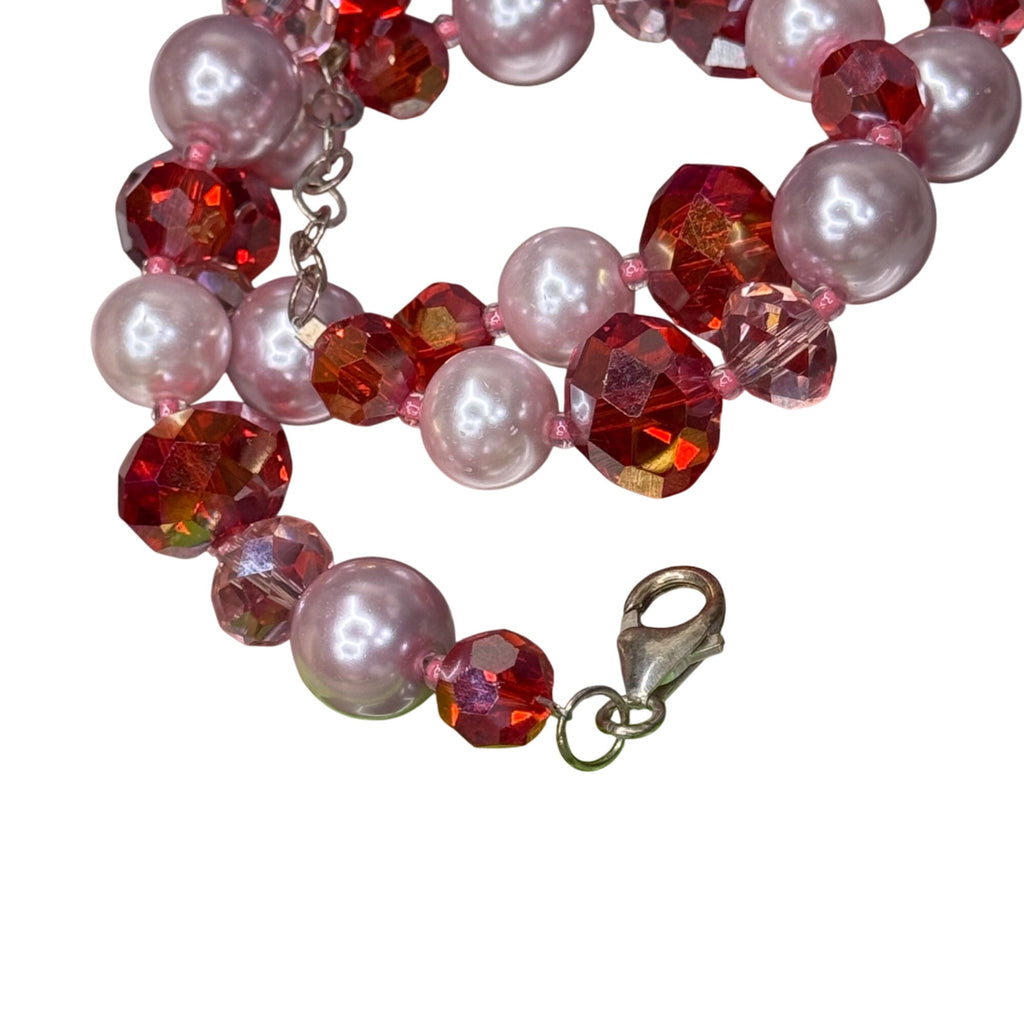 Vintage Pink Faux Pearl & Red AB Beaded Necklace Sterling Silver Clasp 20" Bling
