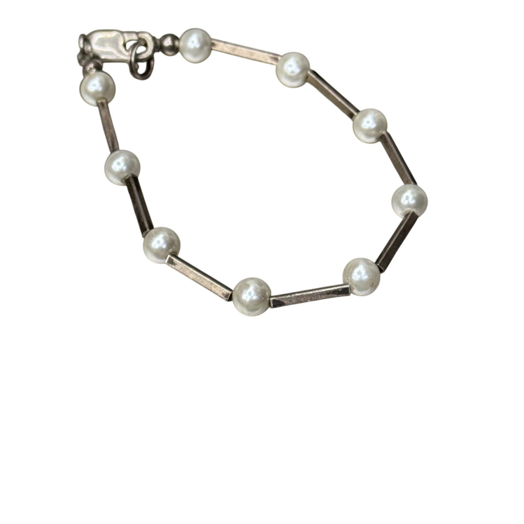 Vintage Sterling Silver Bracelet Freshwater Pearls Bar Links Lobster Clasp 6.5"