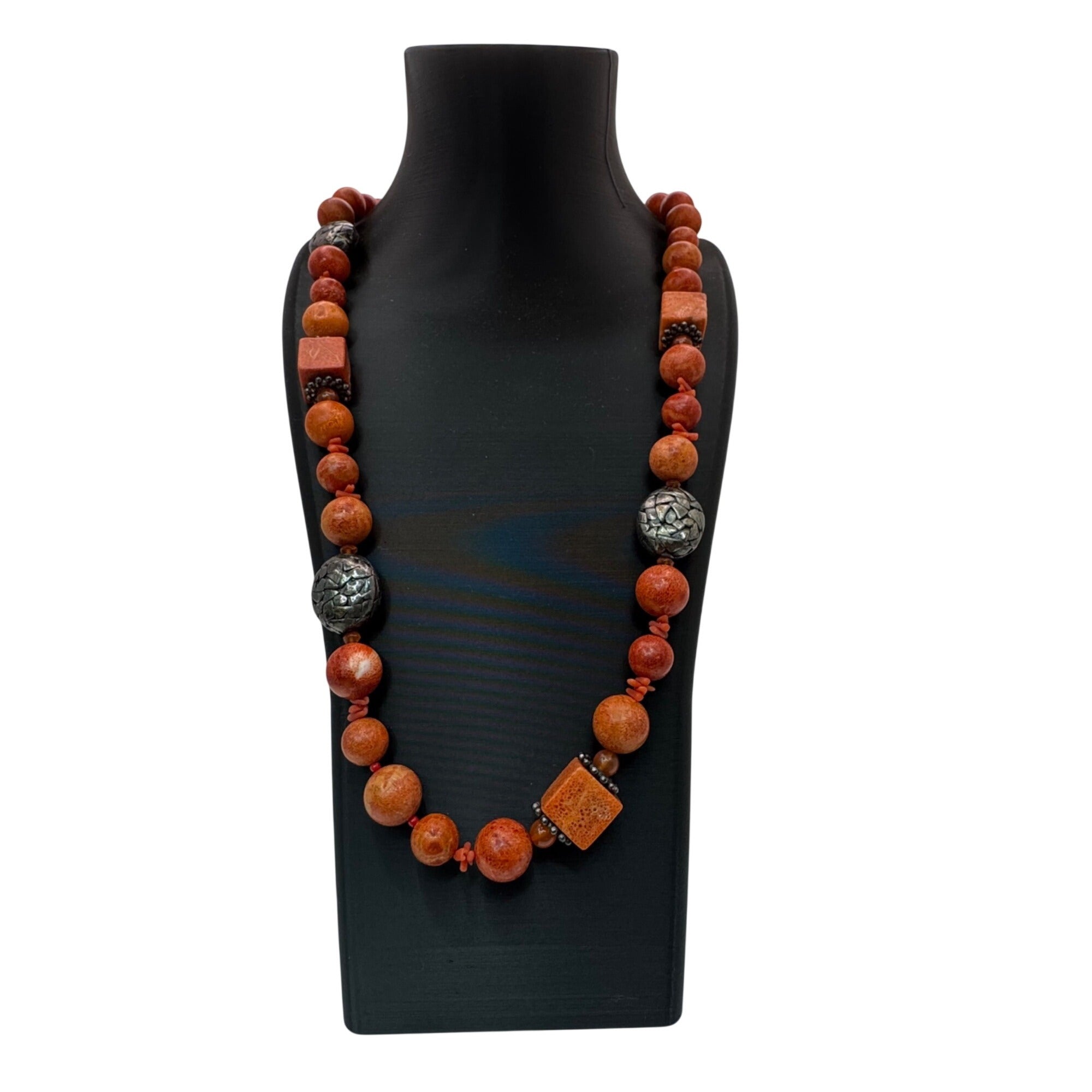 Vintage Chunky Coral Beaded Necklace Silver Plated Accents 28" Statement Jewelry