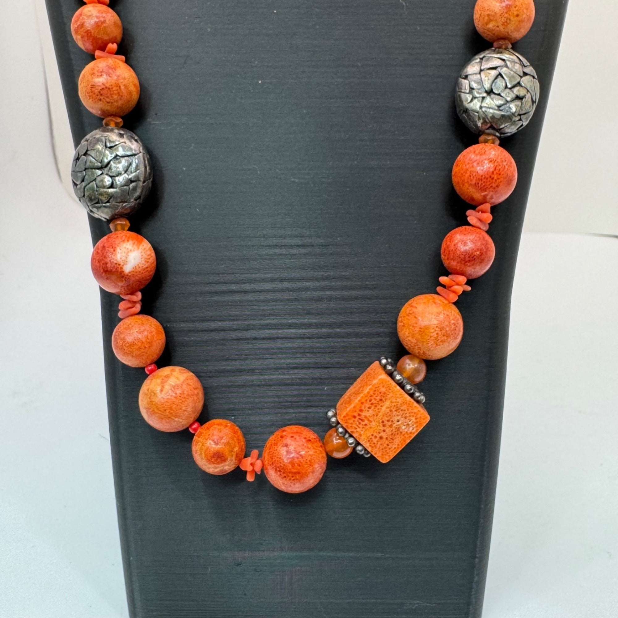 Vintage Chunky Coral Beaded Necklace Silver Plated Accents 28" Statement Jewelry