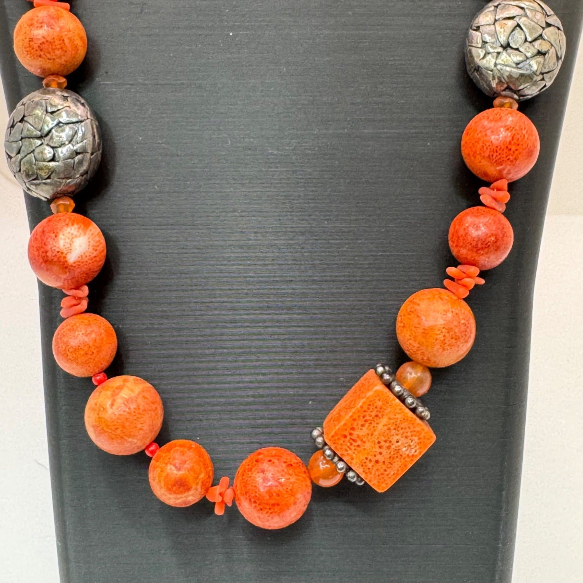 Vintage Chunky Coral Beaded Necklace Silver Plated Accents 28" Statement Jewelry