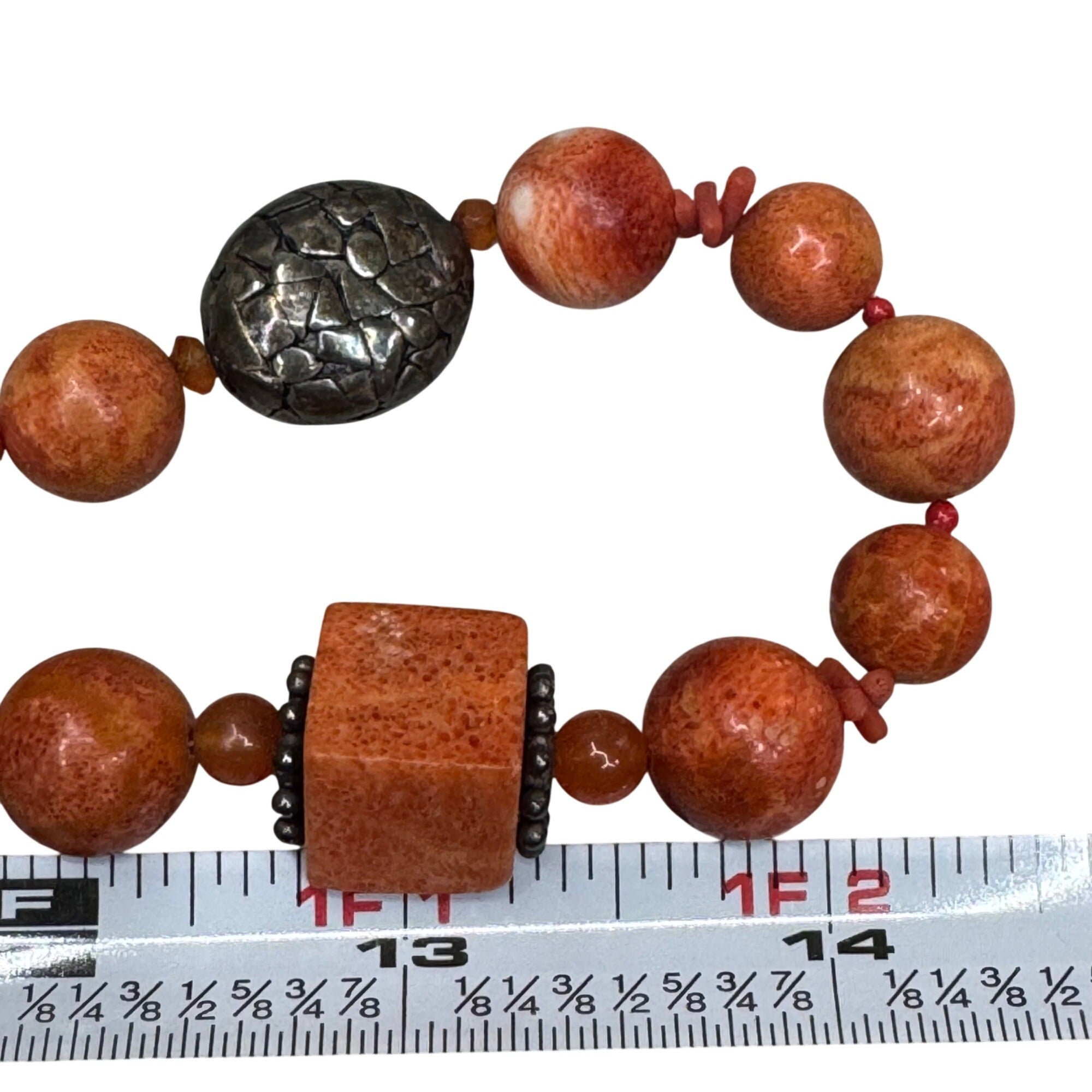 Vintage Chunky Coral Beaded Necklace Silver Plated Accents 28" Statement Jewelry