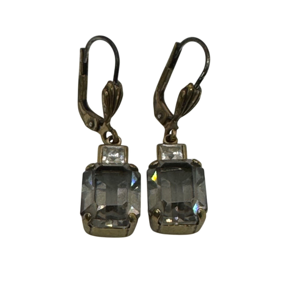 Vintage "Black Diamond" Gold Tone Leverback Drop Earrings Emerald Cut Estate