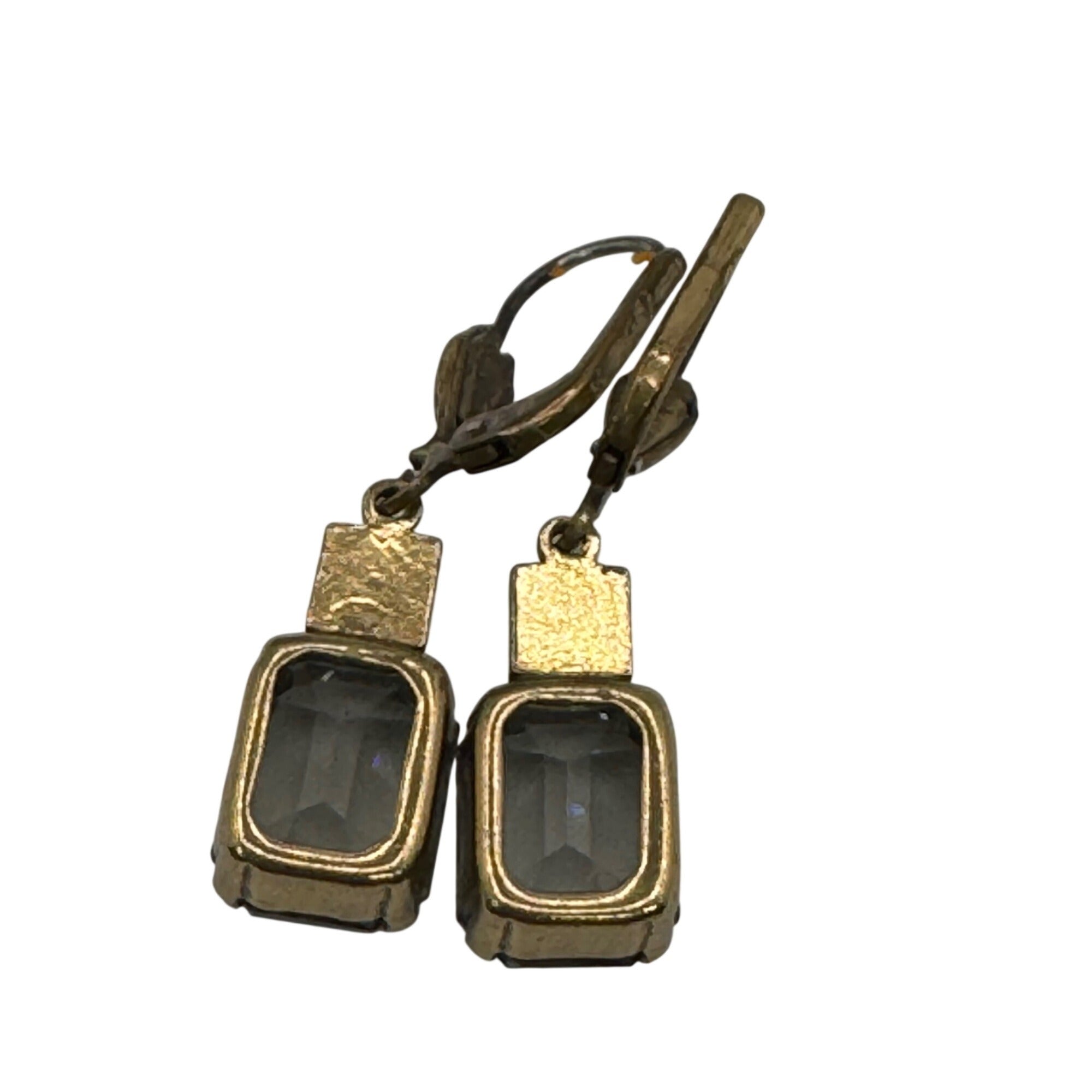 Vintage "Black Diamond" Gold Tone Leverback Drop Earrings Emerald Cut Estate