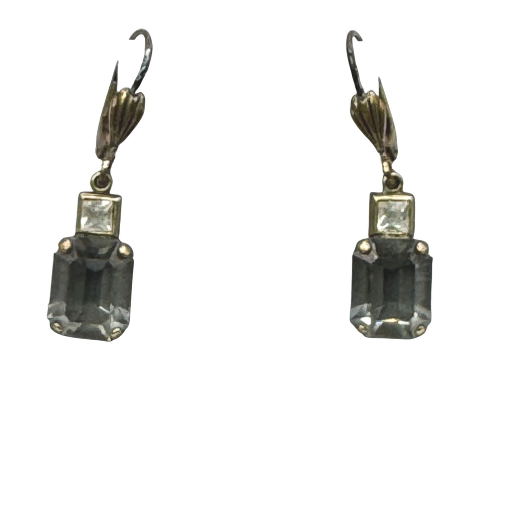 Vintage "Black Diamond" Gold Tone Leverback Drop Earrings Emerald Cut Estate