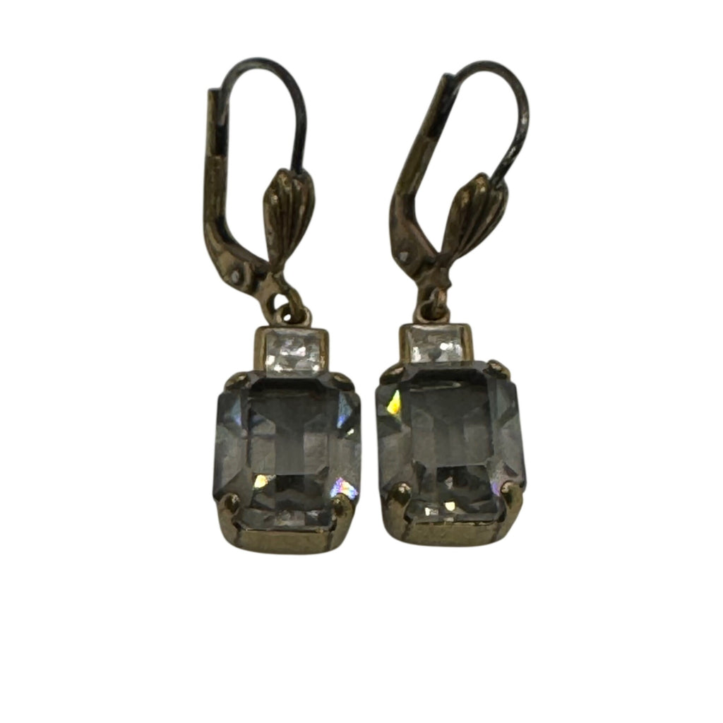 Vintage "Black Diamond" Gold Tone Leverback Drop Earrings Emerald Cut Estate