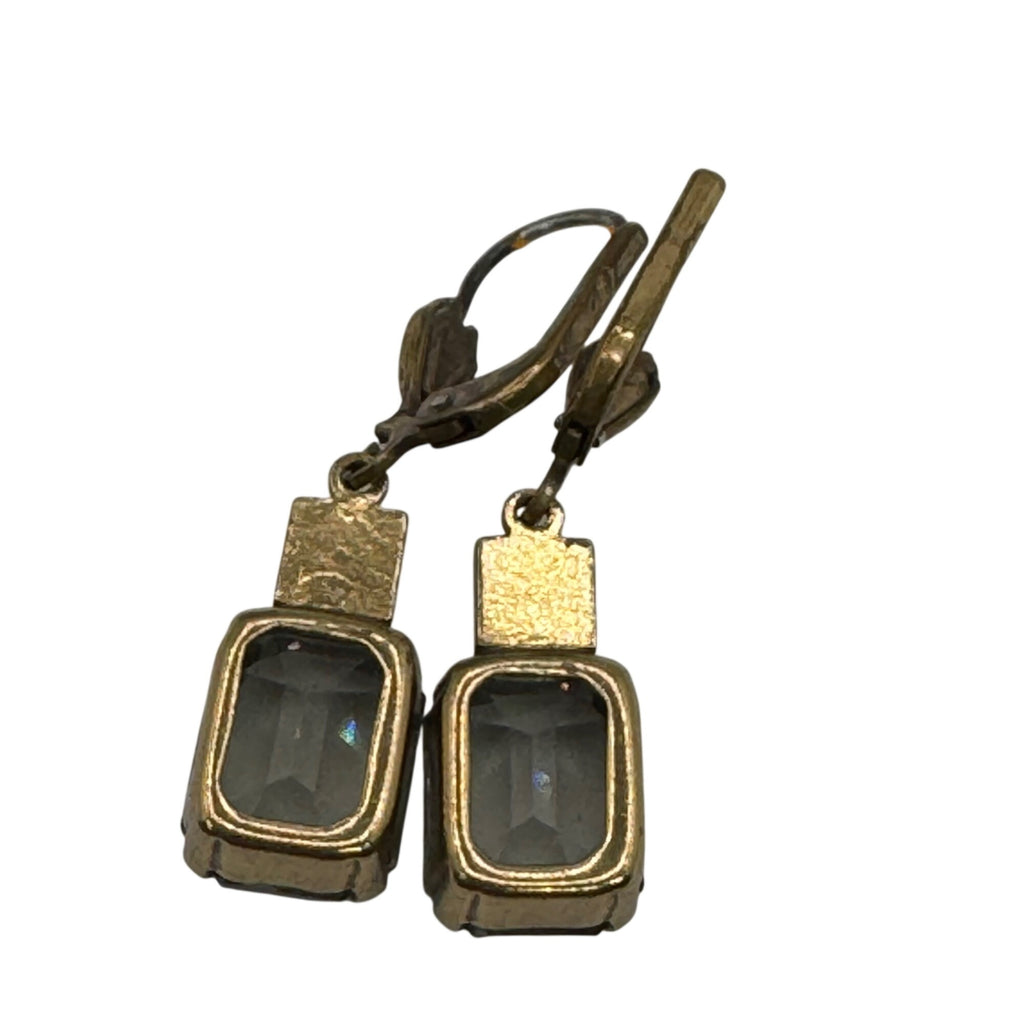 Vintage "Black Diamond" Gold Tone Leverback Drop Earrings Emerald Cut Estate