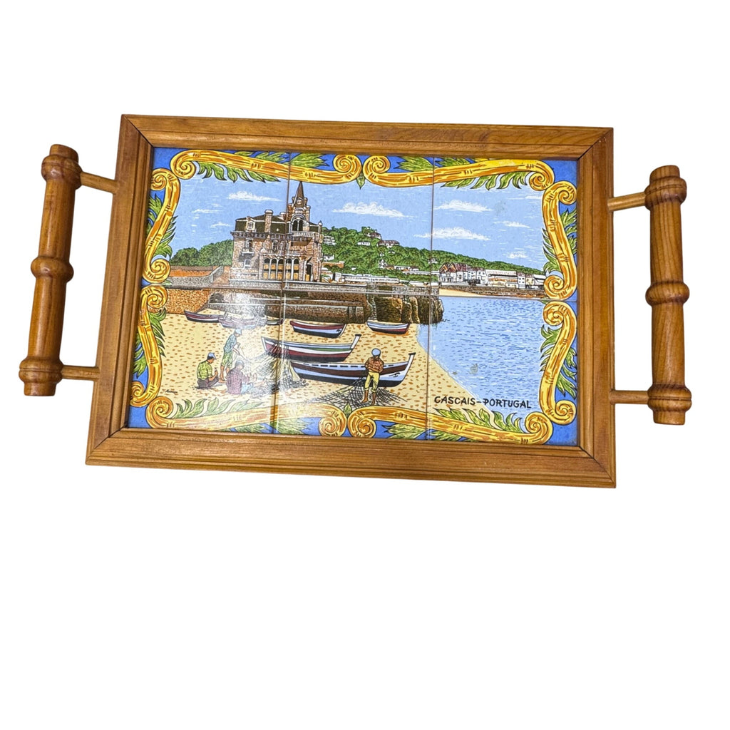 Portuguese Tile Serving Tray Wooden Frame & Handles Cascais Coastal Scene 17X10