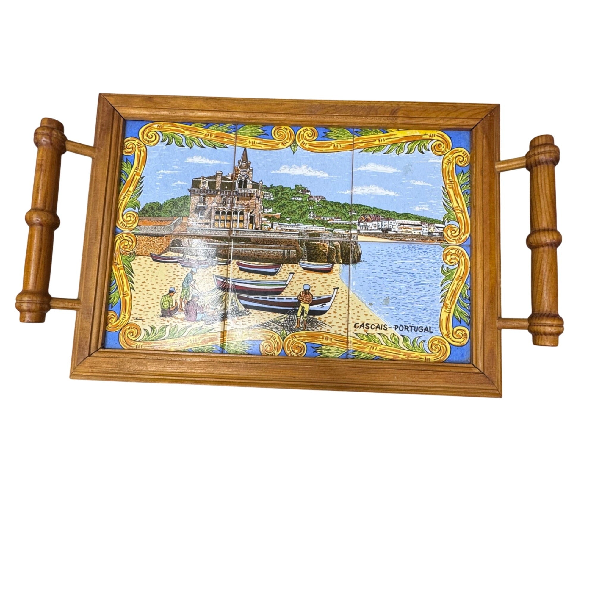 Portuguese Tile Serving Tray Wooden Frame & Handles Cascais Coastal Scene 17X10