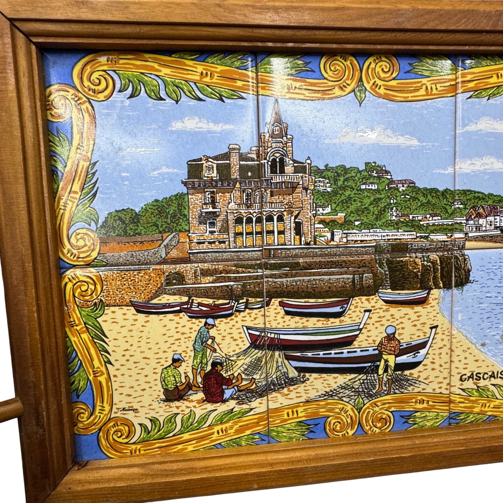 Portuguese Tile Serving Tray Wooden Frame & Handles Cascais Coastal Scene 17X10