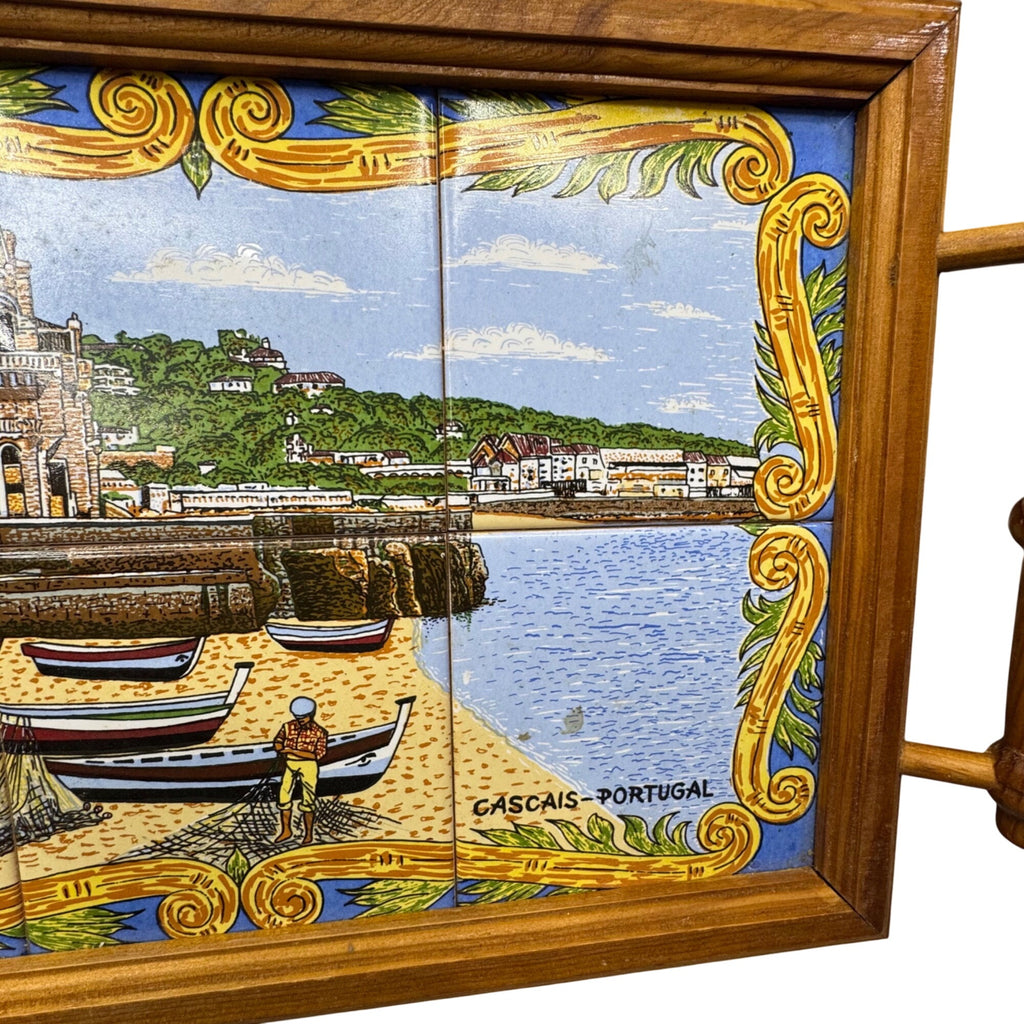 Portuguese Tile Serving Tray Wooden Frame & Handles Cascais Coastal Scene 17X10