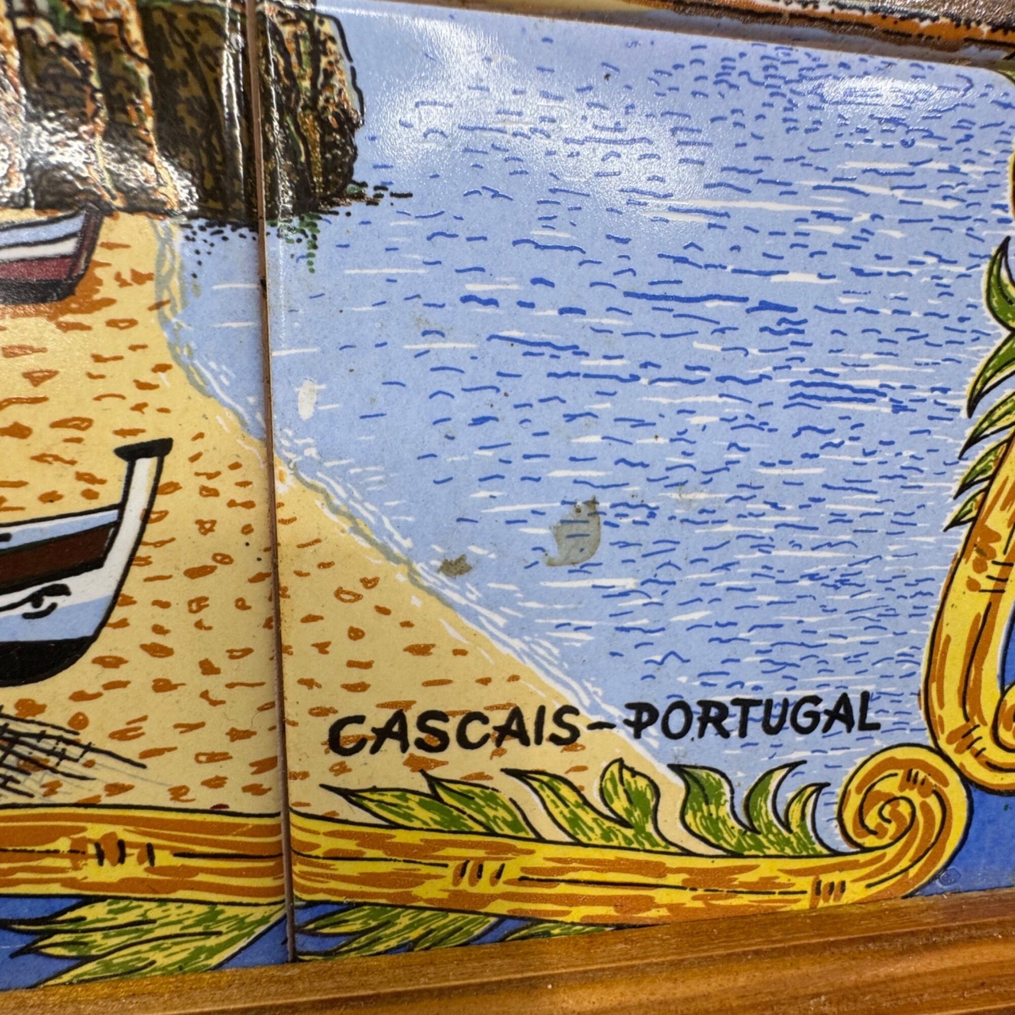 Portuguese Tile Serving Tray Wooden Frame & Handles Cascais Coastal Scene 17X10