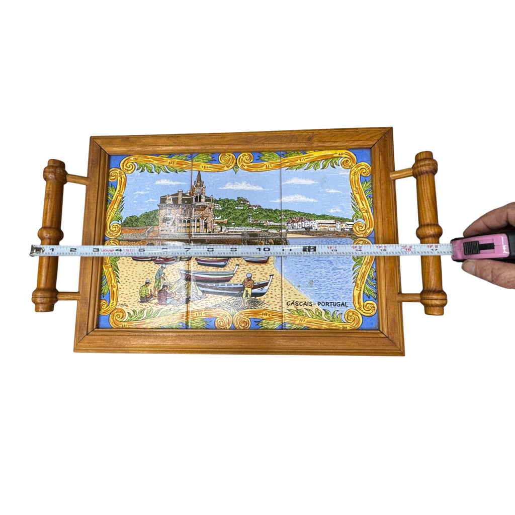 Portuguese Tile Serving Tray Wooden Frame & Handles Cascais Coastal Scene 17X10