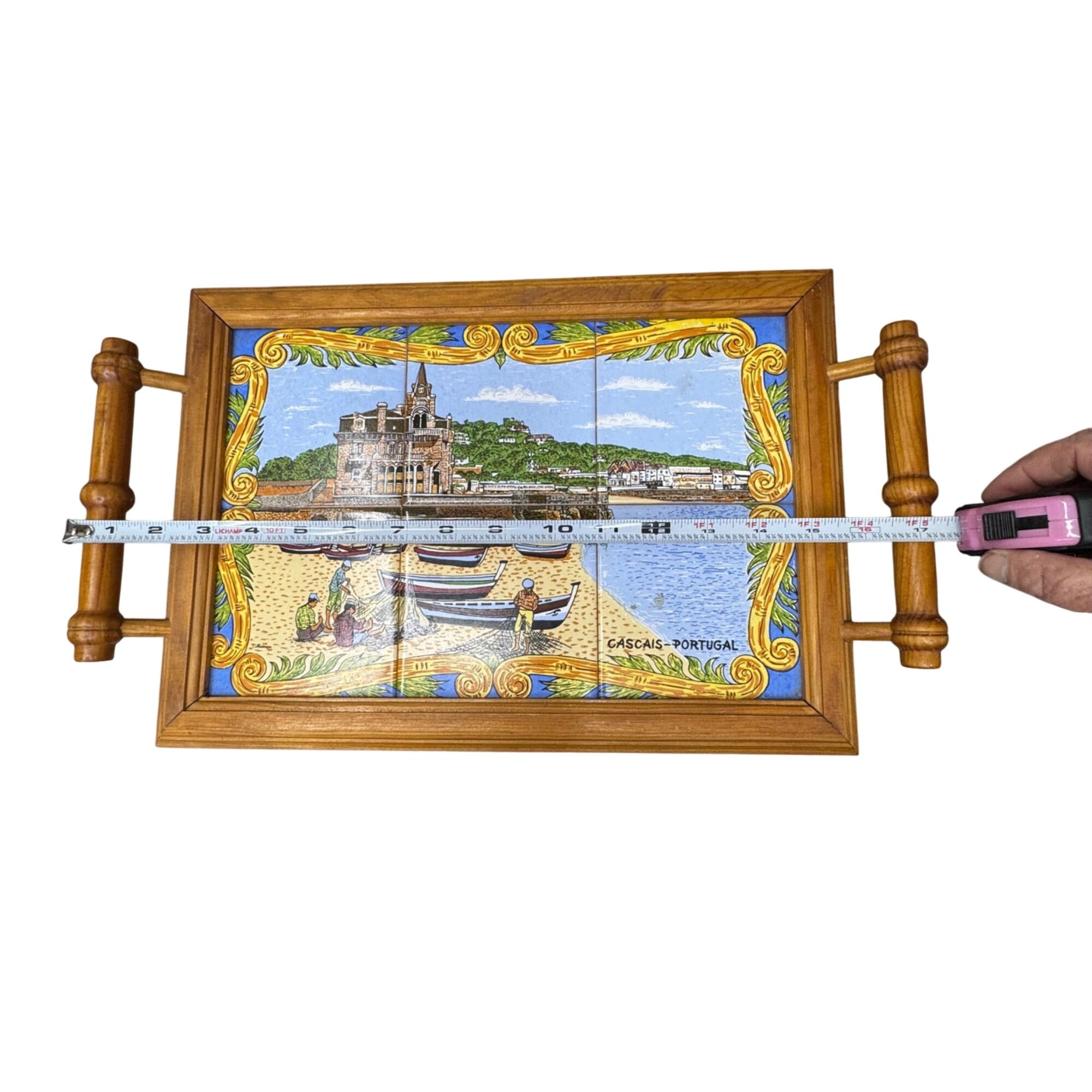 Portuguese Tile Serving Tray Wooden Frame & Handles Cascais Coastal Scene 17X10