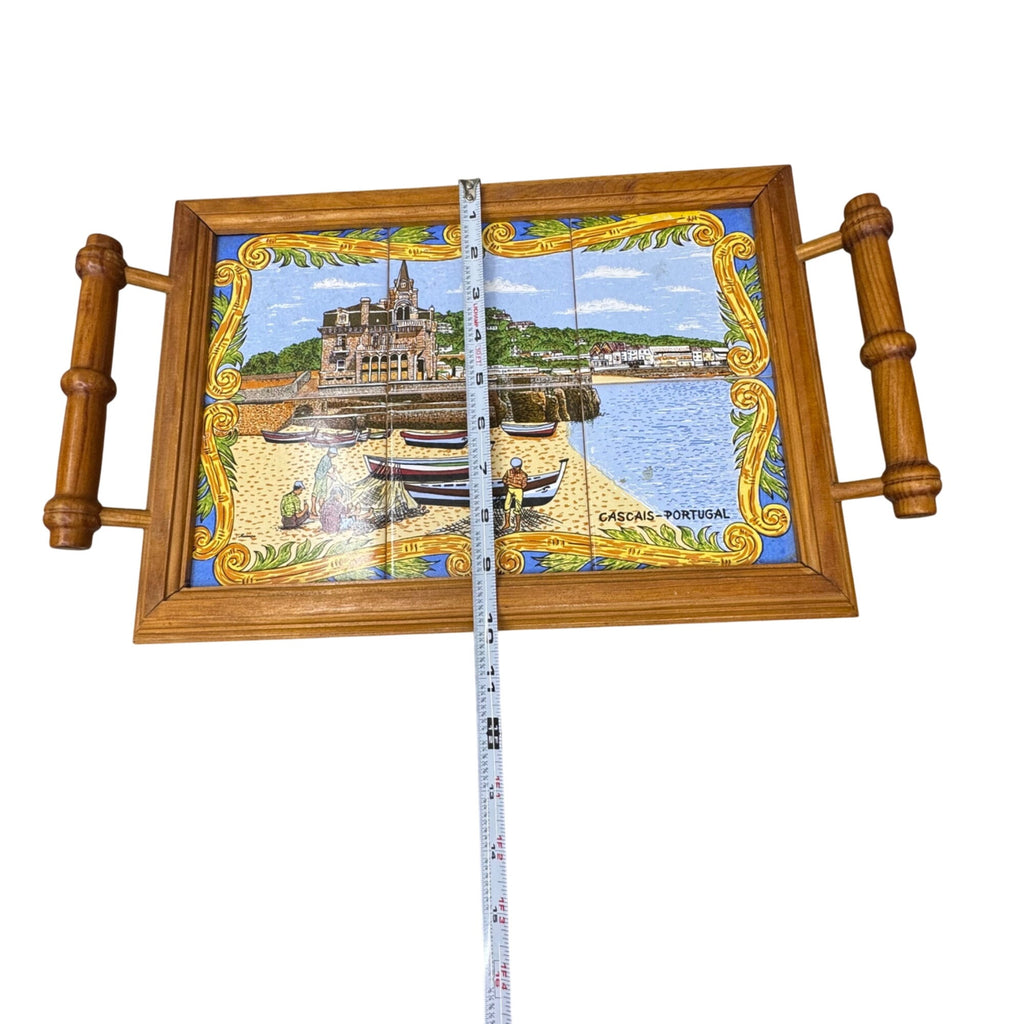 Portuguese Tile Serving Tray Wooden Frame & Handles Cascais Coastal Scene 17X10