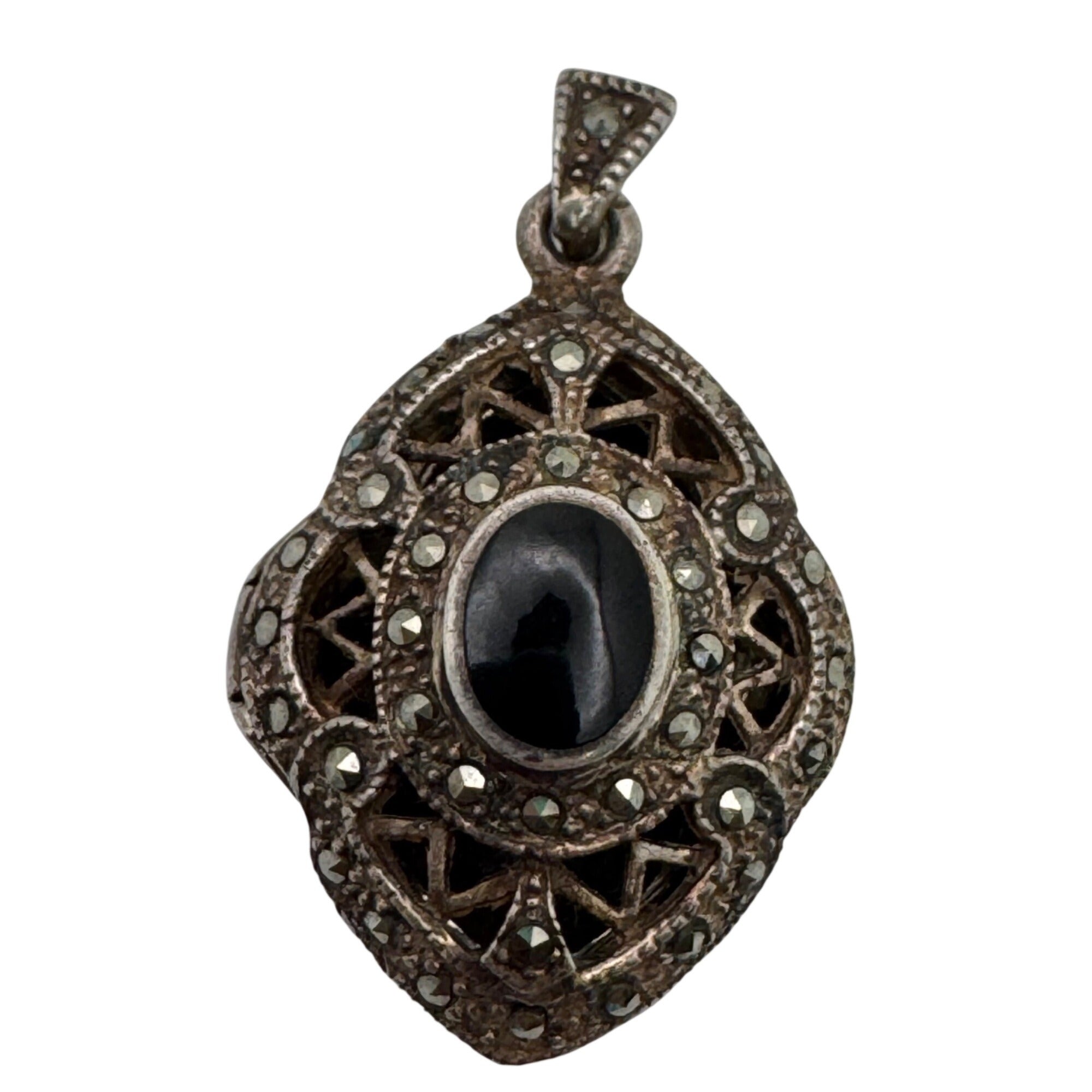 Antique Art Deco Locket Sterling Silver Pendant Black Onyx Marcasite Filigree