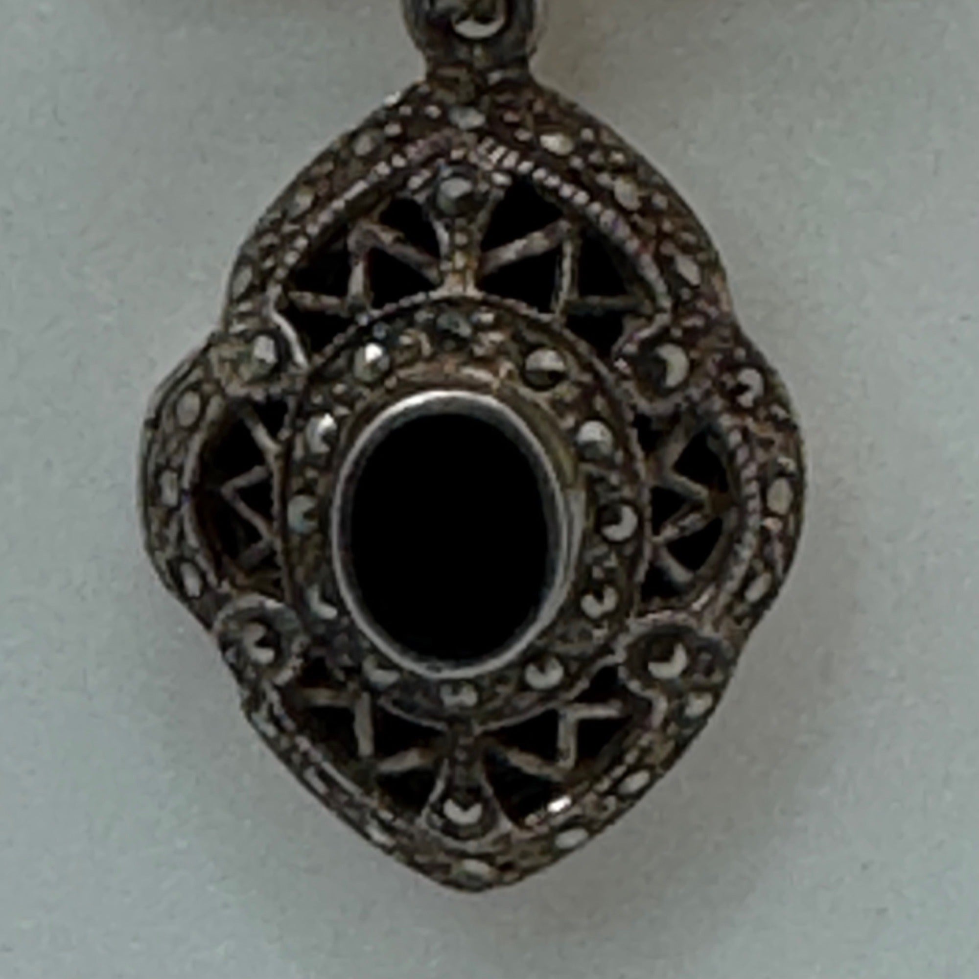 Antique Art Deco Locket Sterling Silver Pendant Black Onyx Marcasite Filigree