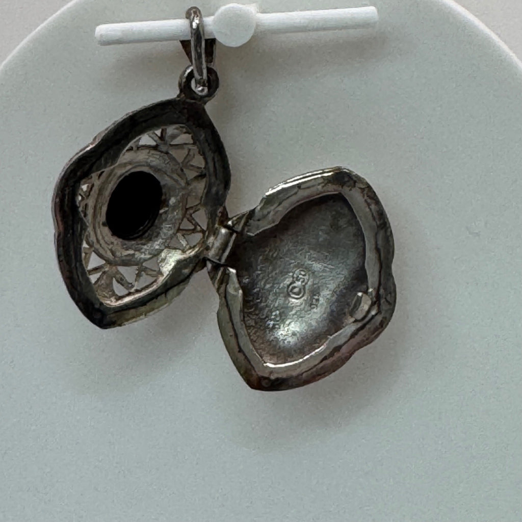 Antique Art Deco Locket Sterling Silver Pendant Black Onyx Marcasite Filigree