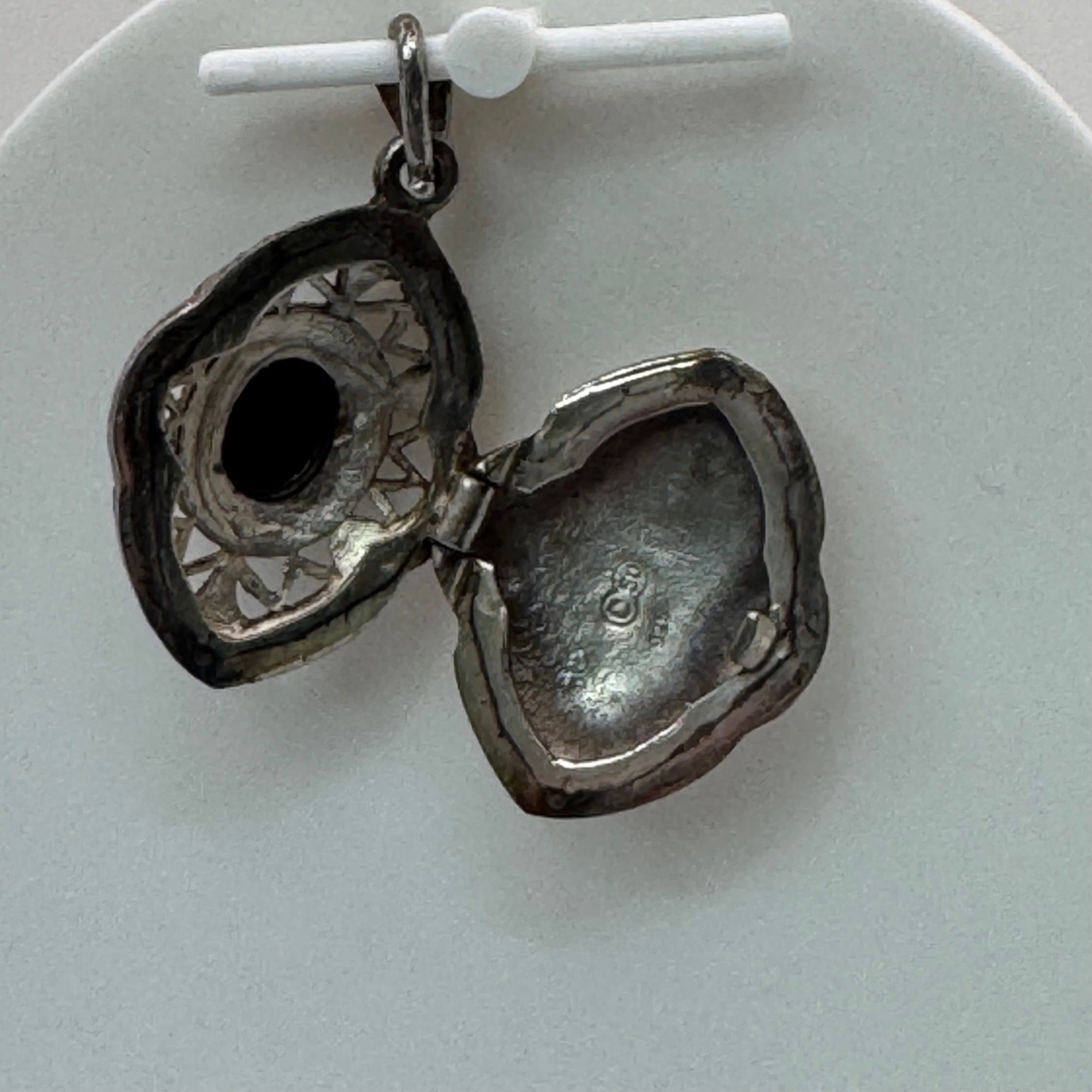 Antique Art Deco Locket Sterling Silver Pendant Black Onyx Marcasite Filigree