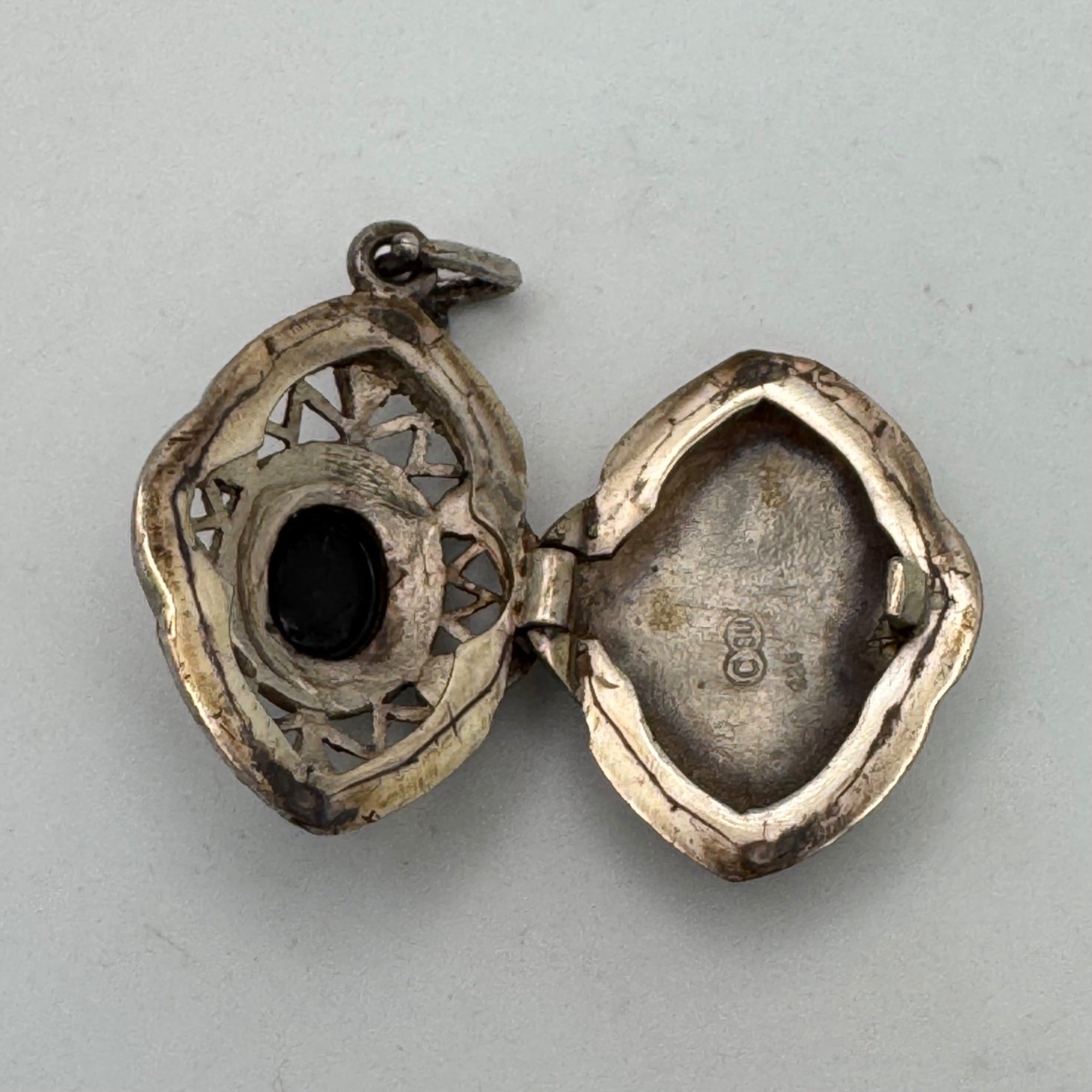 Antique Art Deco Locket Sterling Silver Pendant Black Onyx Marcasite Filigree